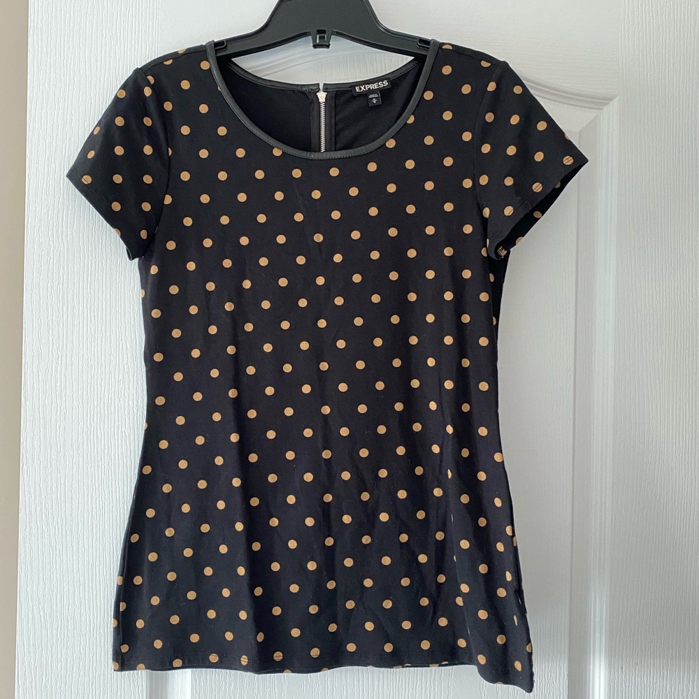 Vegan Leather Trim Polka Dot Tee with Back Zipper